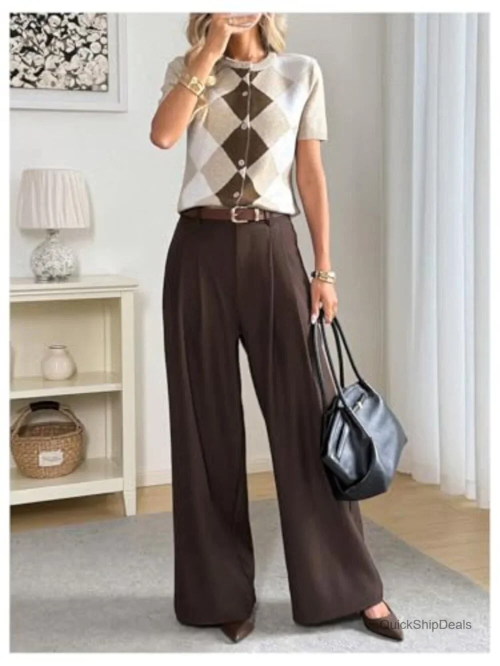 Short Sleeve Button Up Cardigan Sweater Argyle Knit Top